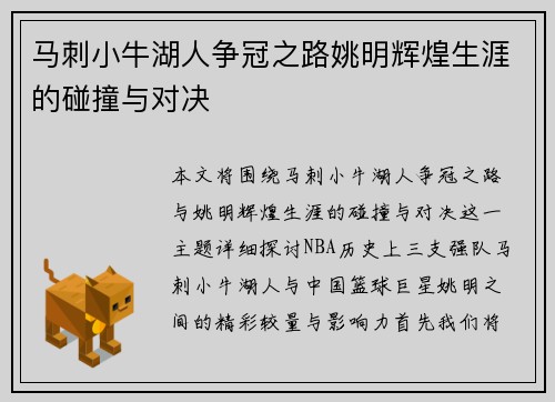 马刺小牛湖人争冠之路姚明辉煌生涯的碰撞与对决